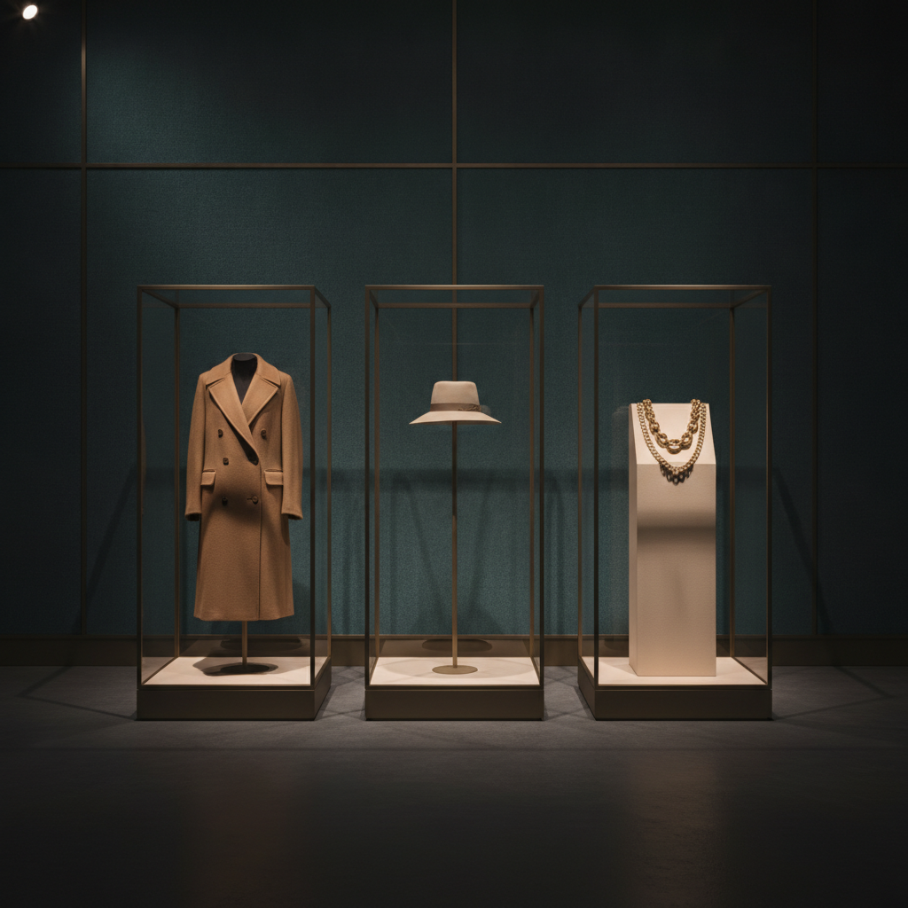 Moodboard: dunkler Saal mit hellen Vitrinen